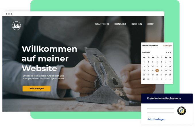 Bildschirmansicht einer Website mit einem integrierten Buchungstool und dem TrustedShops Siegel.  Im Fokus eine große Überschrift: "Willkommen auf meiner Website".